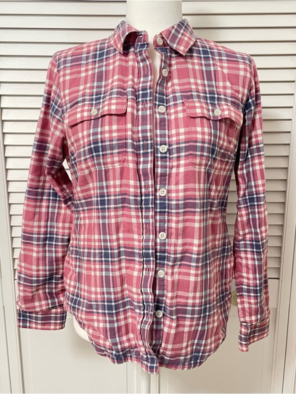 L. L. Bean Cotton Plaid Jersey Button Up Shirt Shacket Pink Blue Flannel Cowgirl